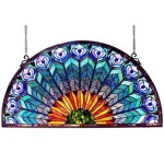 Peacock Design Half Round Stained Glass Window Panel