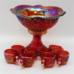 Red Carnival Glass Punch Bowl Set